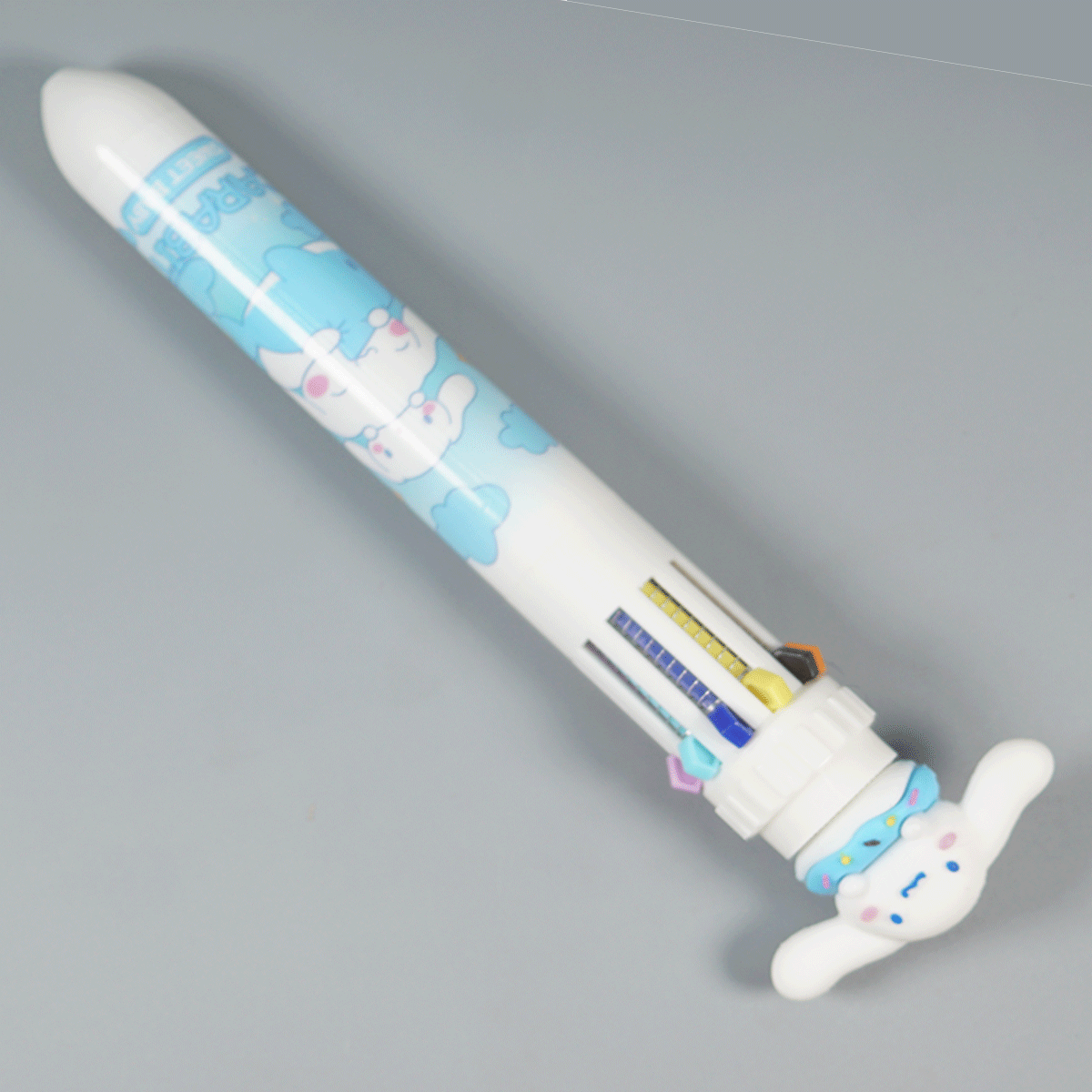 penhouse.in pens White And Sky Blue Color Body Carabit Themed 10 in 1 Multi Color Pen Spring Type Ball Pen SKU 10516