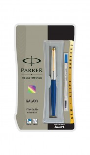 Parker Galaxy Std Blue Color Body and Silver Cap and Gold Clip Roller Ball Pen Model: 10614