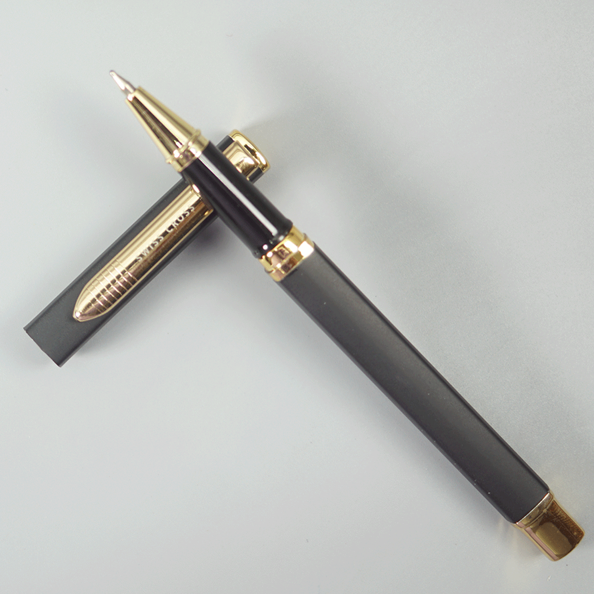 Swiss Cross Matte  Square Shape Black Color Body And Gold Color Trim And Clip Fine Tip Cap Type Ball Pen SKU 10874
