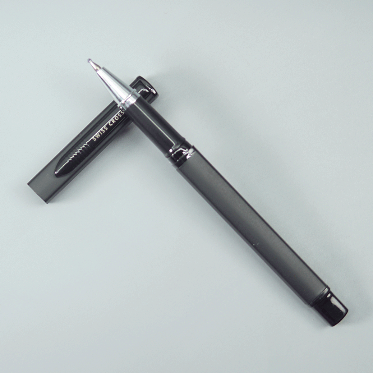 Swiss Cross Matte Square Shape Black Color Body And Black Color Trim And Clip Fine Tip Cap Type Ball Pen SKU 10875