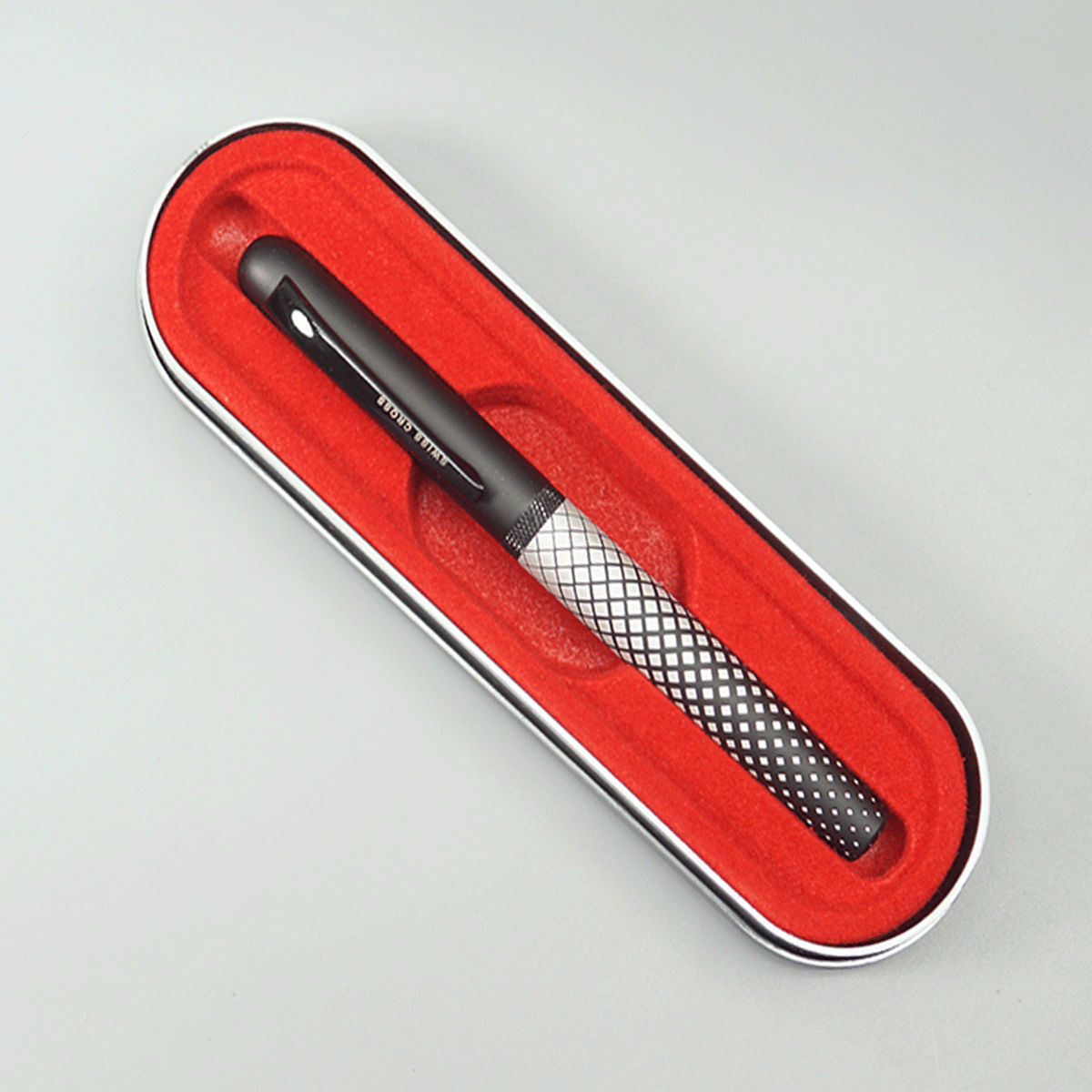 Swiss Cross Matte Black And White Checked Body With Black Color Cap, Trim And Clip Fine Tip Magnetic Cap Type Ball Pen SKU 10882