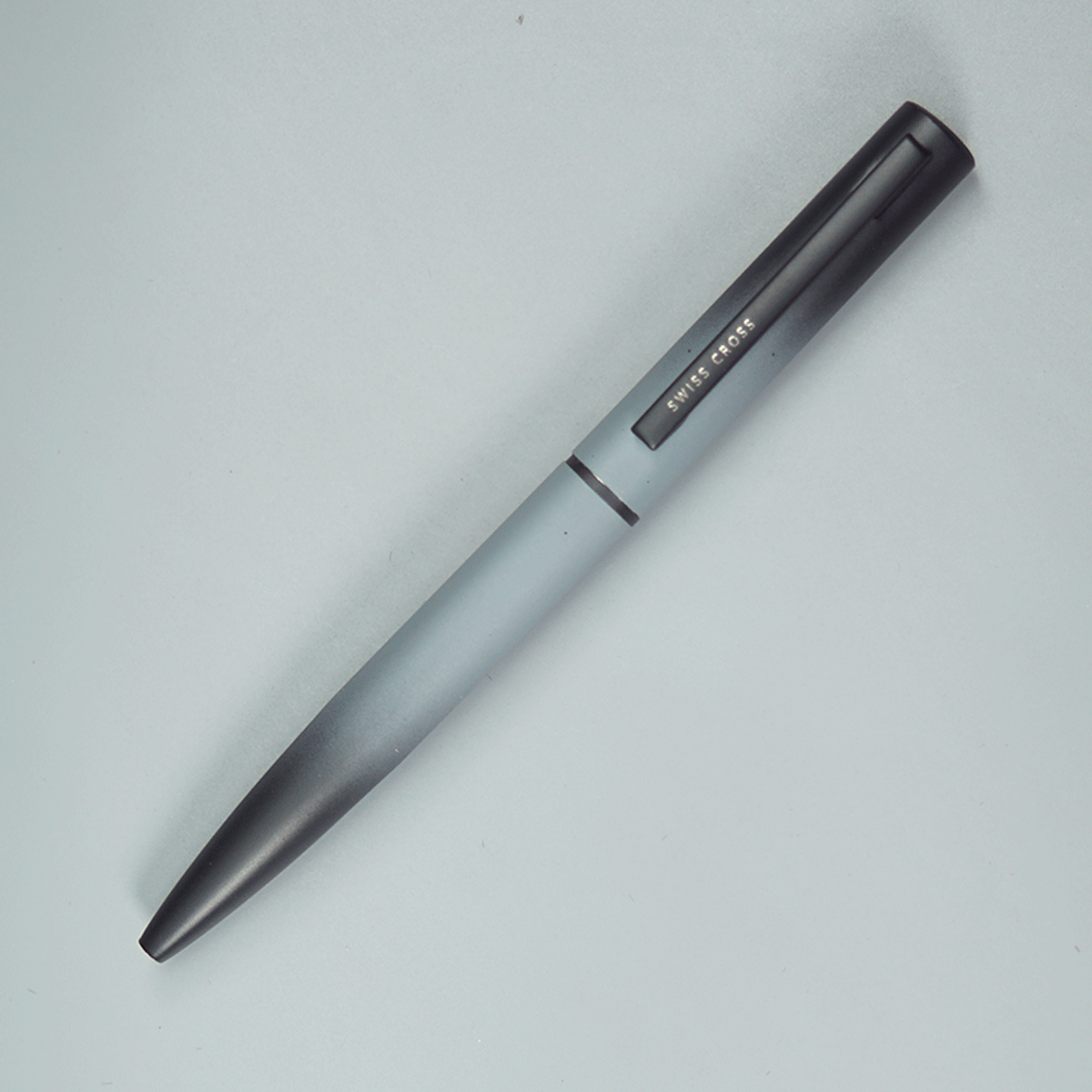 Swiss Cross Matte Grey With Black Color Body And Black Color Trim And Clip Fine Tip Twist Type Ball Pen SKU 10884