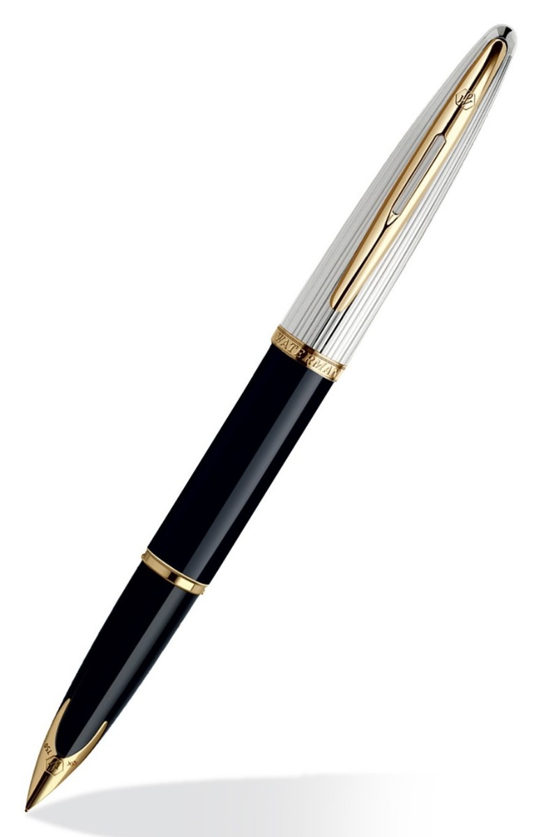 Waterman Model: 11429 Carene deluxe Black color body with silver color cap with gold trim medium tip cap type fountain pen