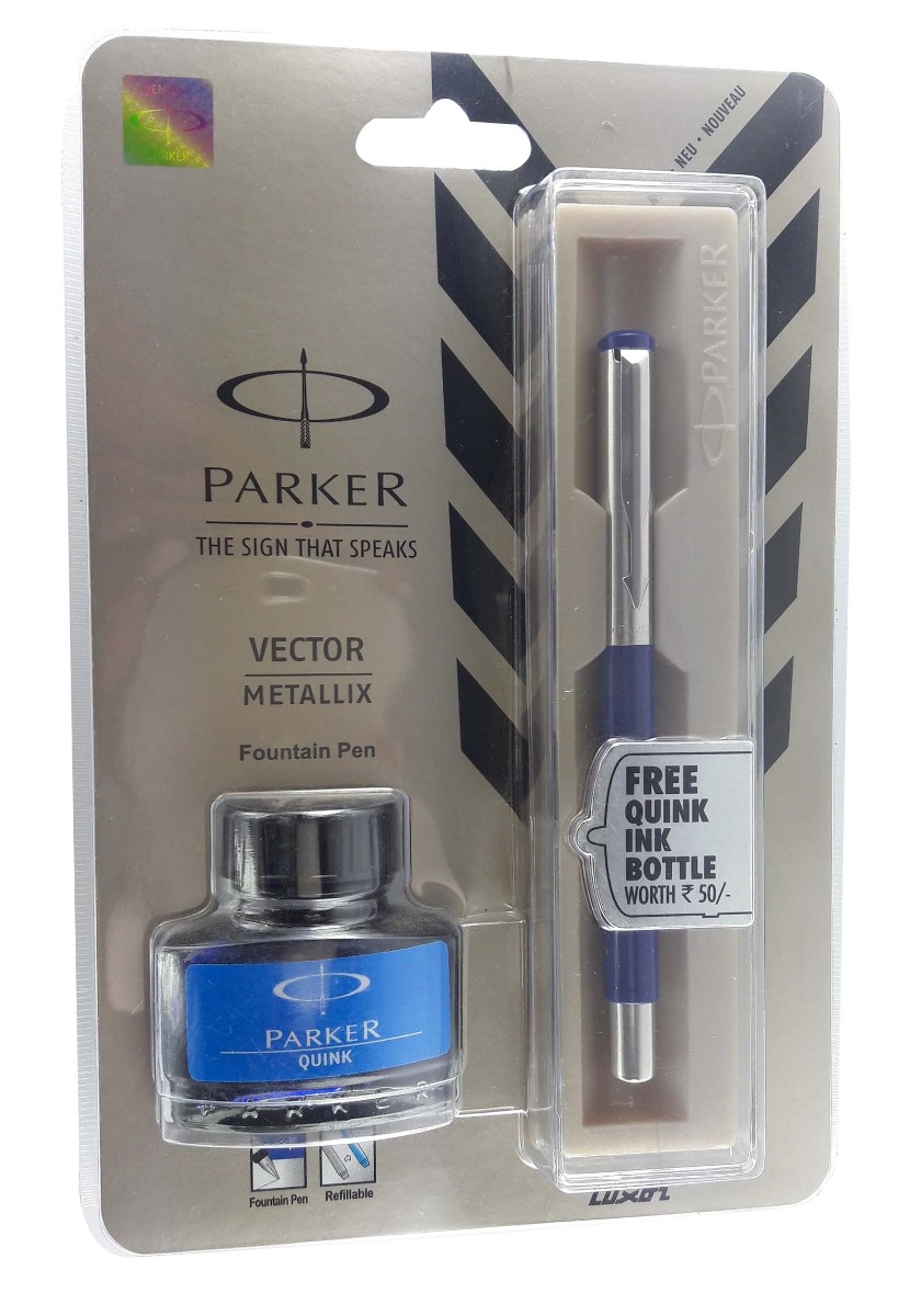 Parker Vector Metallix Blue Color Body With Silver Cap Fine Nib With Ik Potain Set Fountain Pen SKU 11847