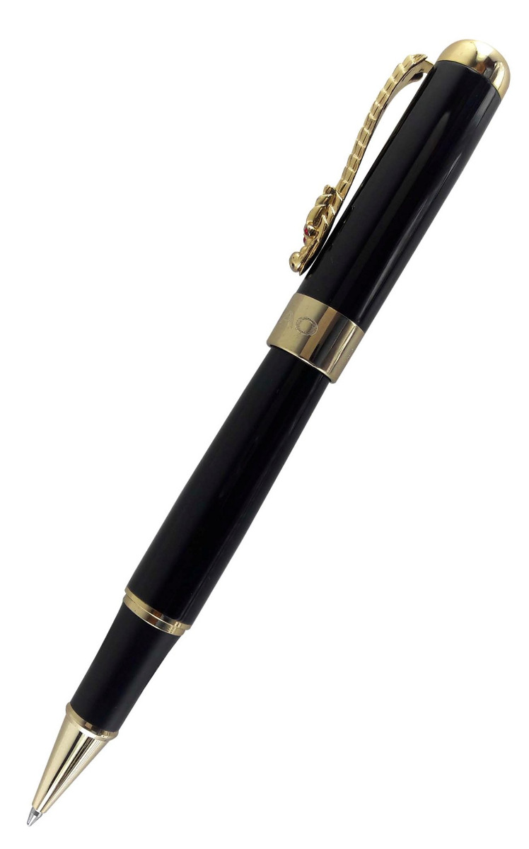 Jinhao Model No: 11858 Full Glossy Black Body With Golden Dragon Clip Roller Ball Pen