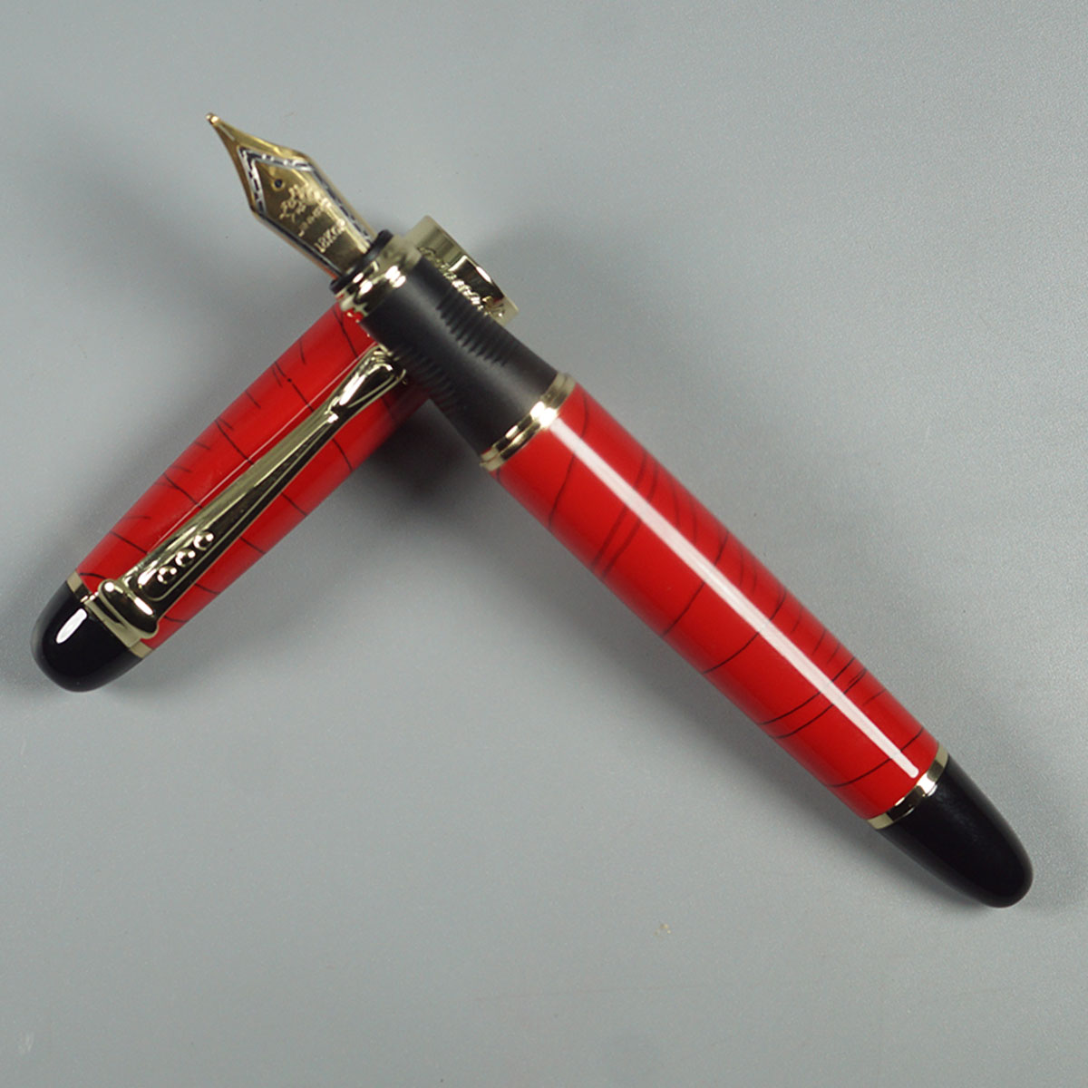 Jinhao 159 Red Color Body With Black Lines Gold Color Trim And Clip And Black Color Grip Fountain converter Pen SKU 11282