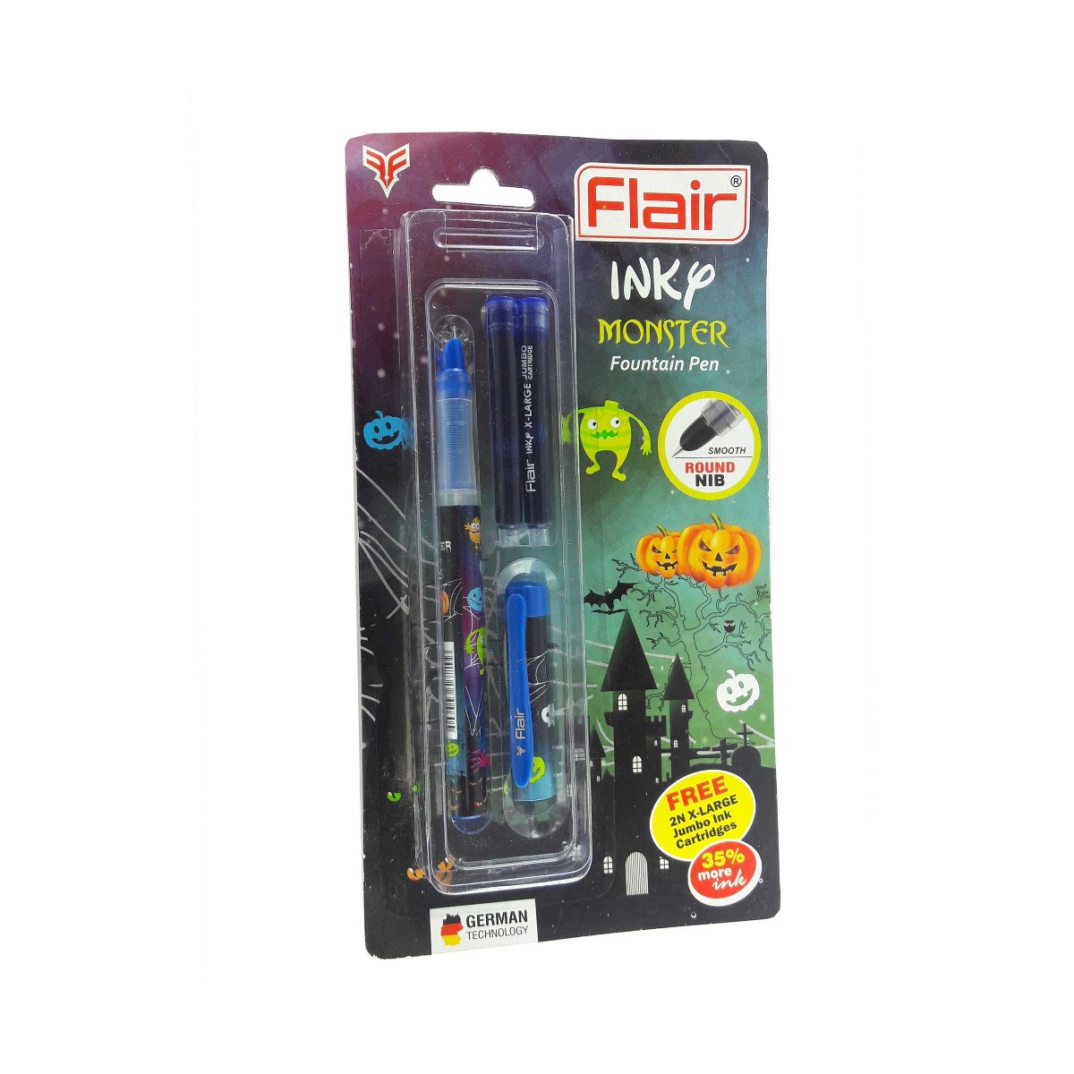 Flair Inky Monster Model: 12978 Black color body with  Blue color clip fine tip cap type with 2 free ink cartridge fountain pen