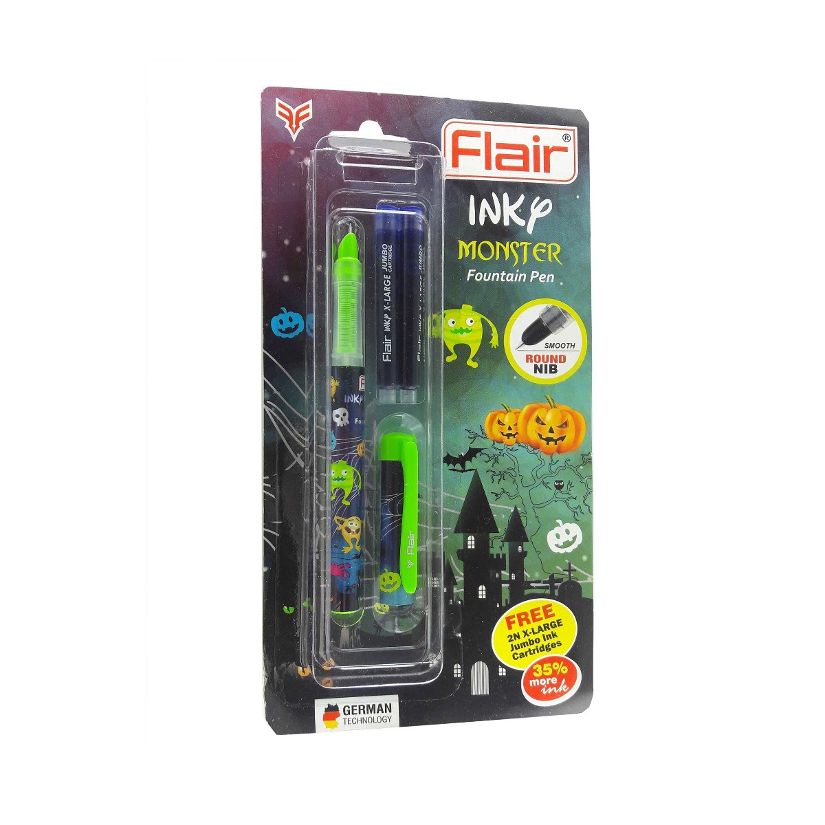 Flair Inky Monster Model: 12981 Black color body with  Light Green color clip fine tip cap type with 2 free ink cartridge fountain pen
