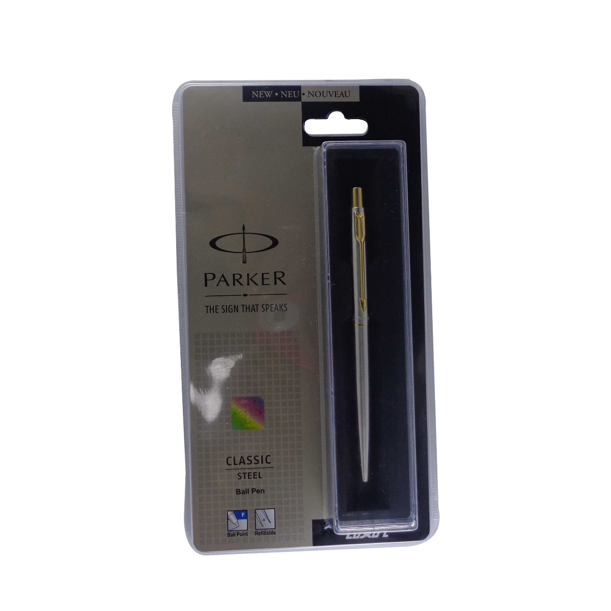 Parker classic steel full silver color body with golden clip fine Tip Rectractable Ball pen Model No 13382