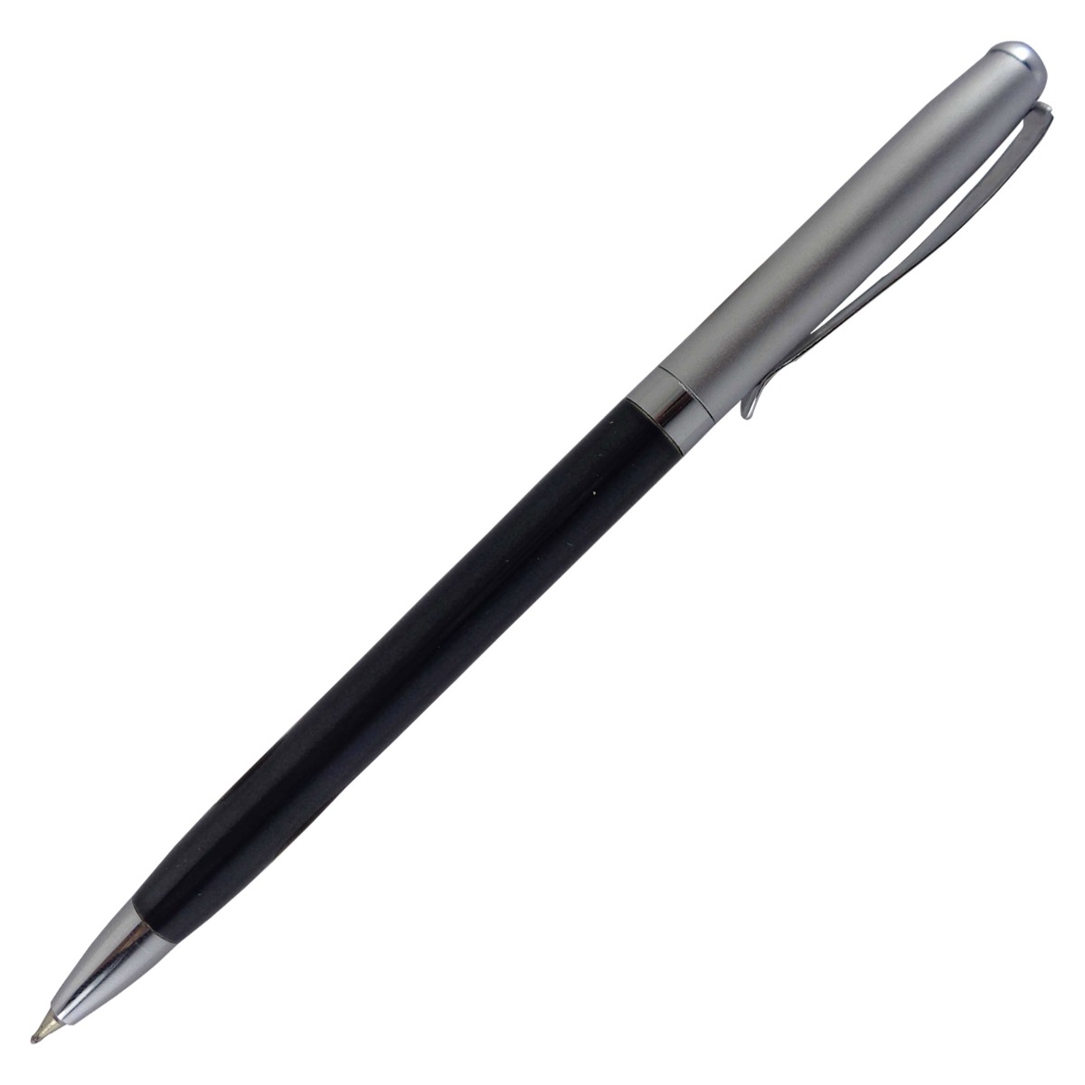 Penhouse.in Model: 13517 slim short black color body with silver cap Twist type medium Tip ball pen