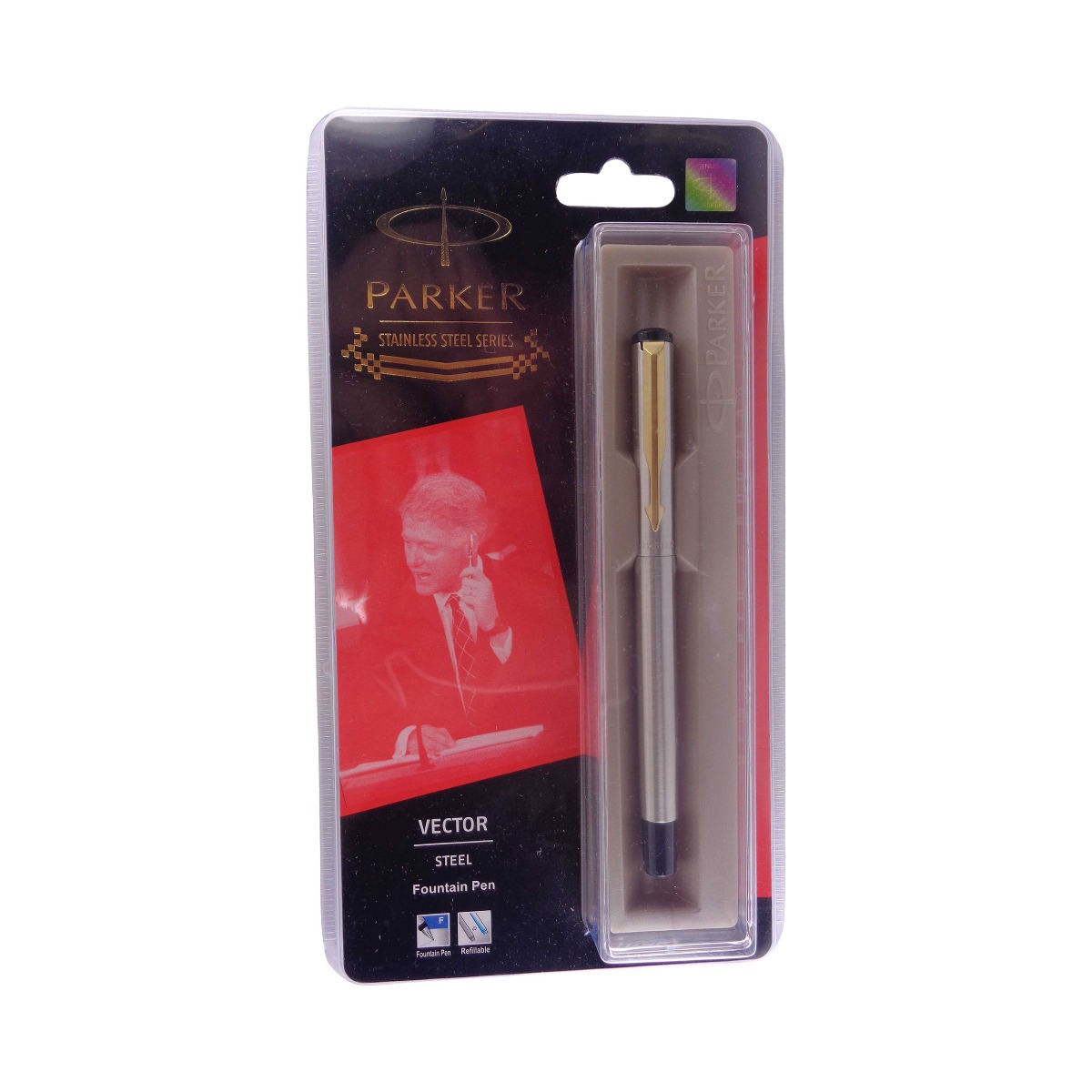 parker  Model: 13619 vector steel full silver color body with golden color clip fine tip fountain pen