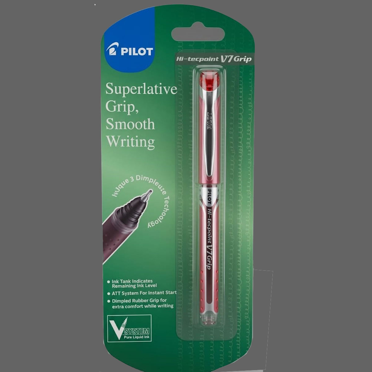 Pilot  Hi-tecpoint V7 Grip  Red Color Writing V System Cap Type Roller Ball Pen SKU 14598