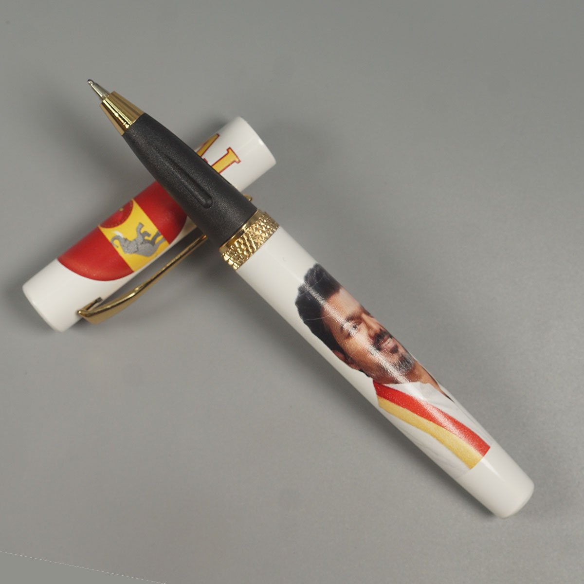 penhouse.in Pens CM Vijay Printed White Color Body With Gold color Clip And Trim Magnetic Type Ball Pen SKU 14613