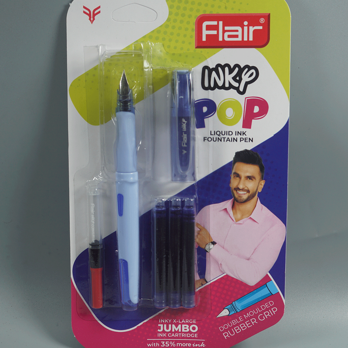 Flair Inky Pop Blue Color Body Blue Color Cap Double Moulded Rubber Grip Fountain Pen SKU 14745