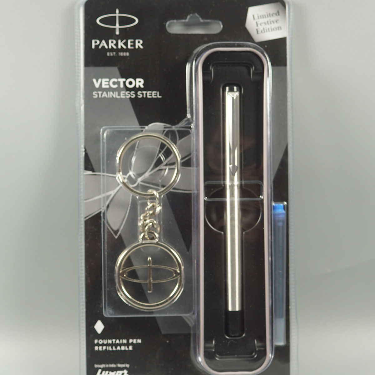 Parker Vector Stainless Steel Silver Color Body With Silver Color Cap Key Chain Set Converter Type Fountain Fine Nib Pen 14793