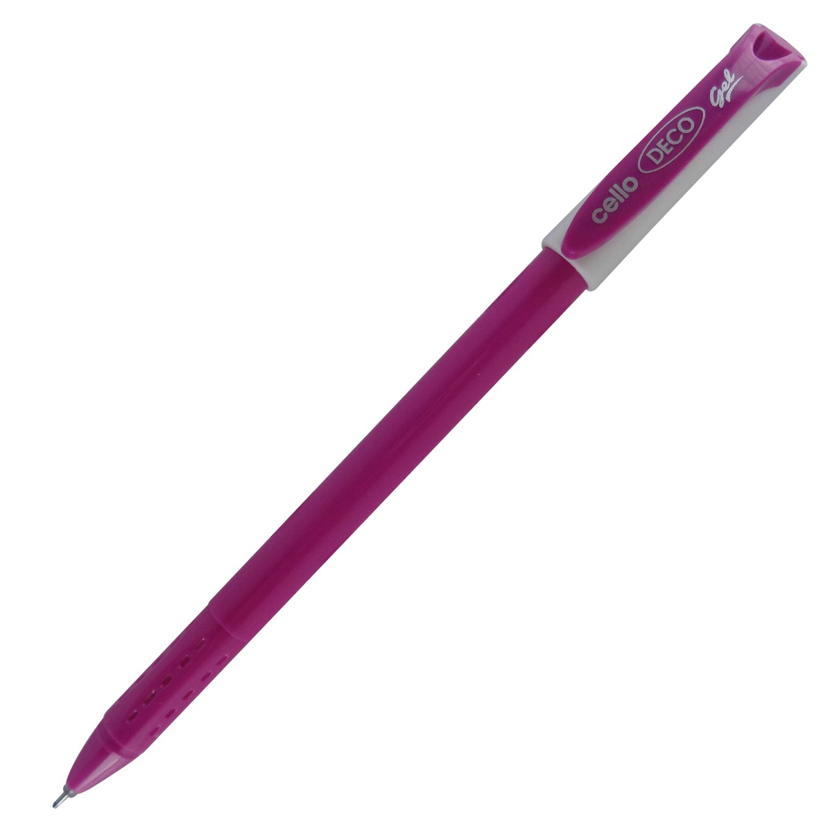 Cello Model: 14895 Deco Gel Pink color body with white cap Blue ink fine tip cap type gel pen