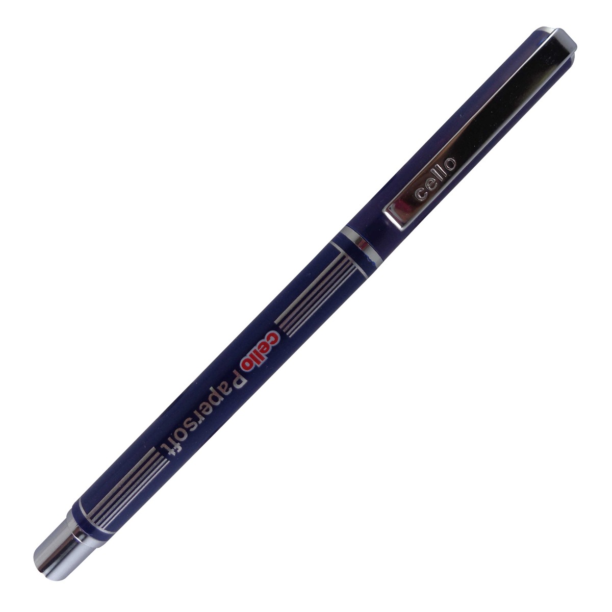 Cello Model: 14905 Paper soft Blue color body with silver clip black ink fine tip cap type ball pen