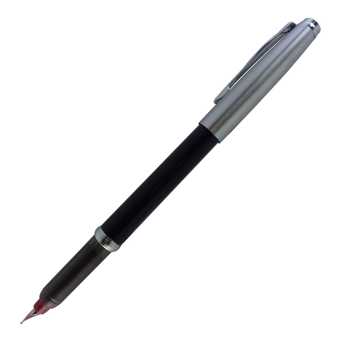 Pierre Cardin Model: 15018 PenOmatic metal Black color body with silver color cap with Red color nib section fine tip with free cartridge & converter cap type fountain pen