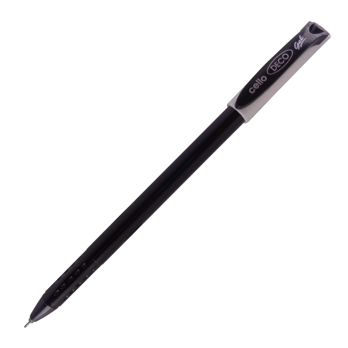 Cello Model: 15030 Deco gel Black color body with  white cap fine tip black ink cap type gel pen 