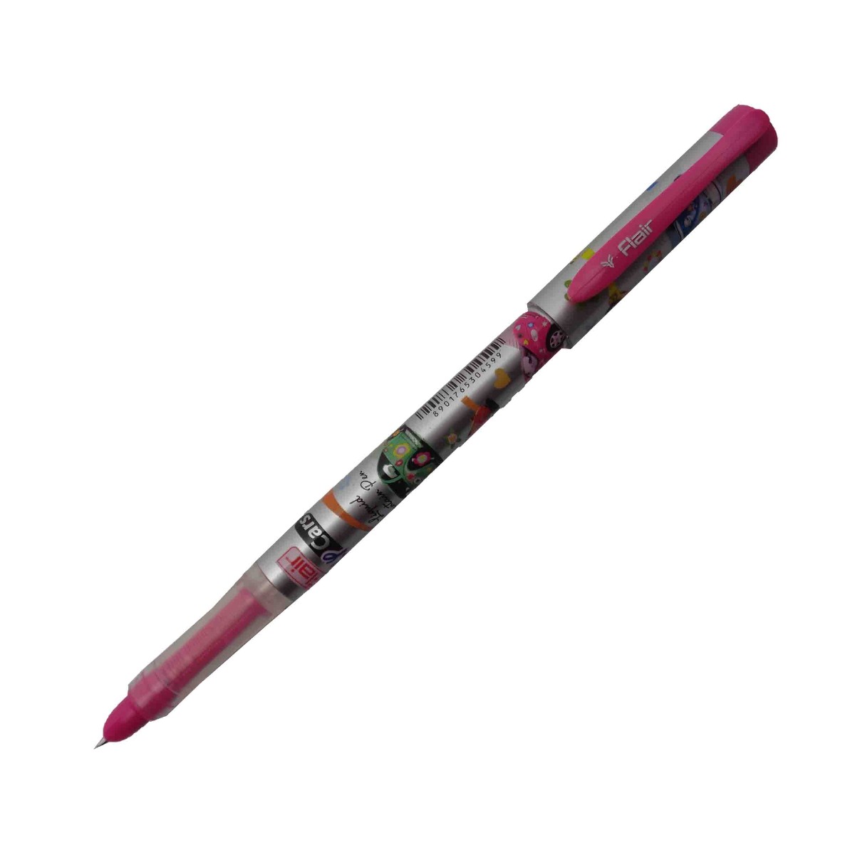 Flair Inky cars Model: 15355 Grey color design body with Pink clip fine tip with 2 ink cartridge cap type fountain pen