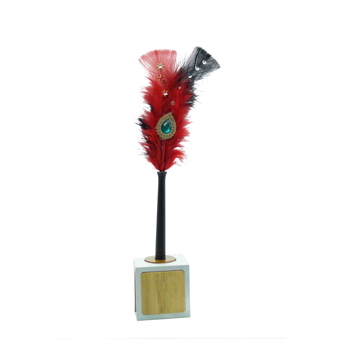 Penhouse.in Model: 15395 Silver color square shape single pen holder with Black color body Red and black color feather with stone work fine tip ball pen 