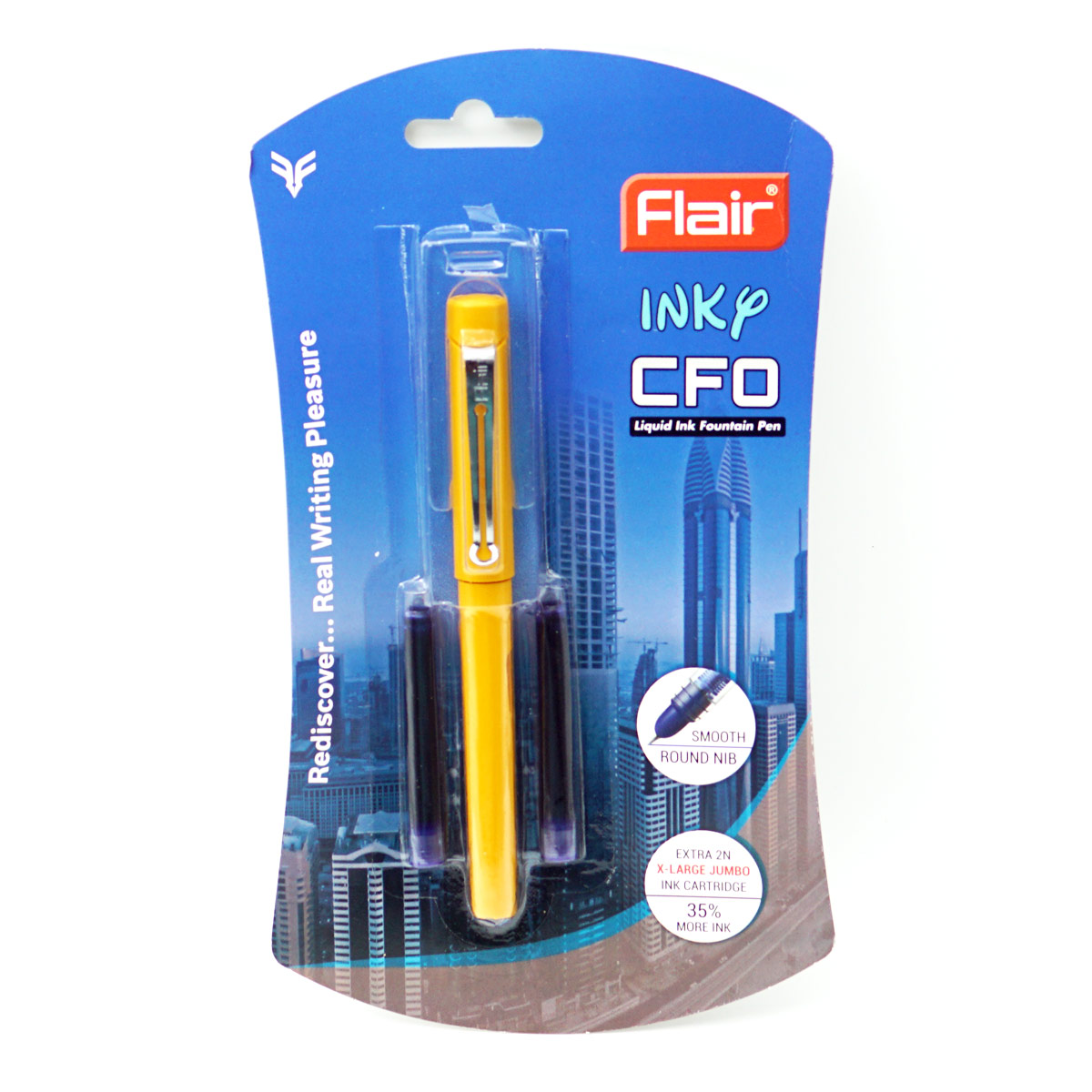 Flair Inky CFO Model:15598 Yellow Color Body with Cap Type and 2 Ink Catridge Fine Nib Fountain Pen