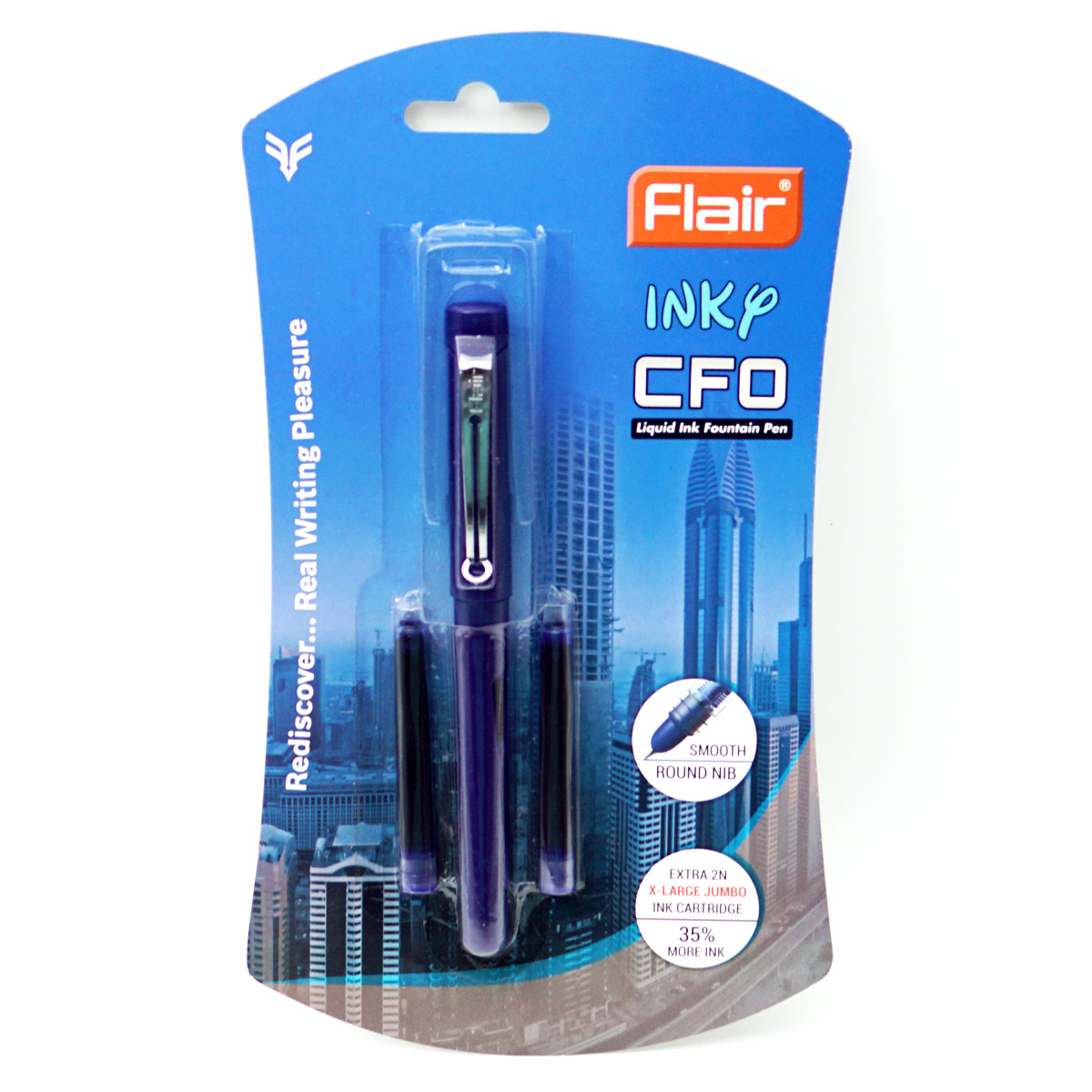 Flair Inky CFO Model:15600 Blue Color Body with Cap Type and 2 Ink Catridge Fine Nib Fountain Pen