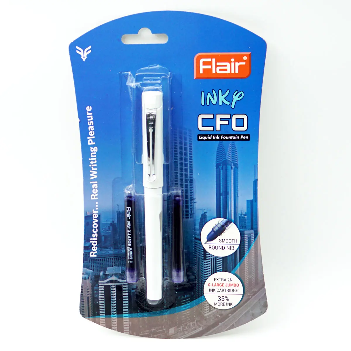 Flair Inky CFO Model:15601 White Color Body with Cap Type and Ink  Catridge Fine Nib Fountain Pen