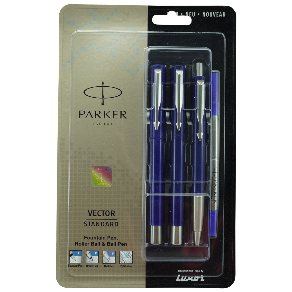 Parker Vector Standard Model:16072  Blue Color Body With Silver  Clip Fountain and Roller Ball and Ball Set Pen