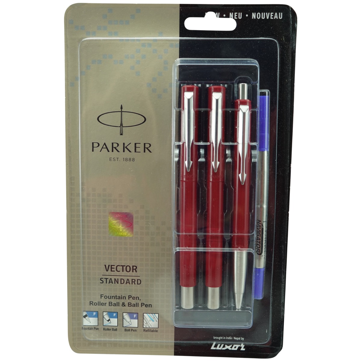 Parker Vector Standard Model:16073  Red  Color Body With Silver  Clip Fountain and Roller Ball and Ball Set Pen