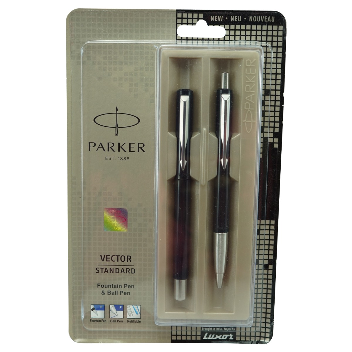 Parker Vector Standard Model:16076 Black Color Body With Silver  Clip Fountain Pen  and Ball Set Pen