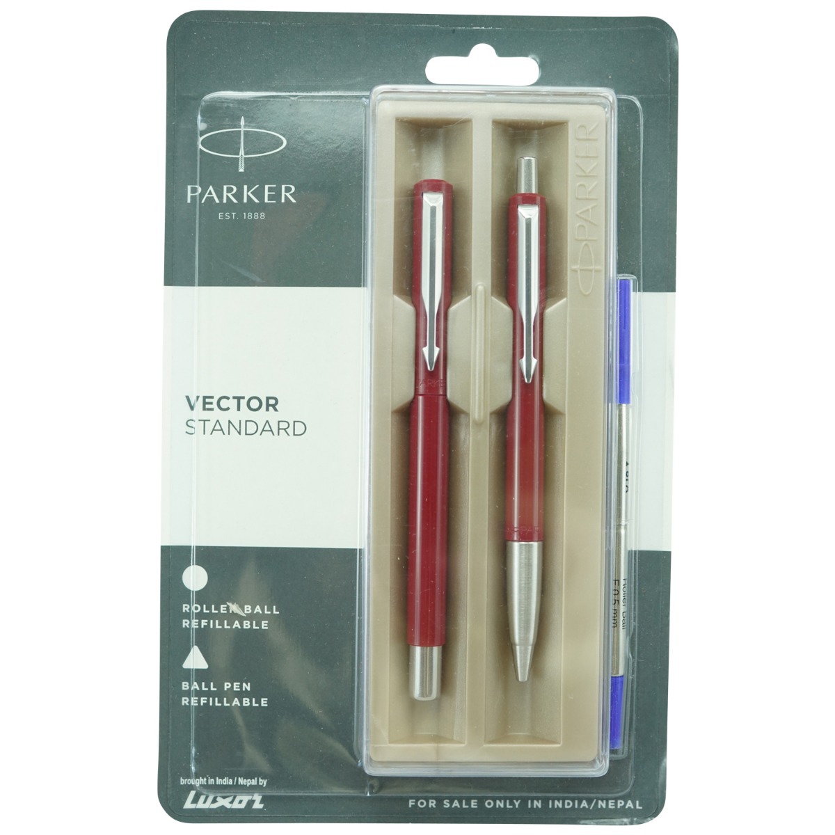Parker Vector Standard Model:16090 Red Color Body with Silver Clip With Roller Ball Pen and Ball Pen Fine Tip Set