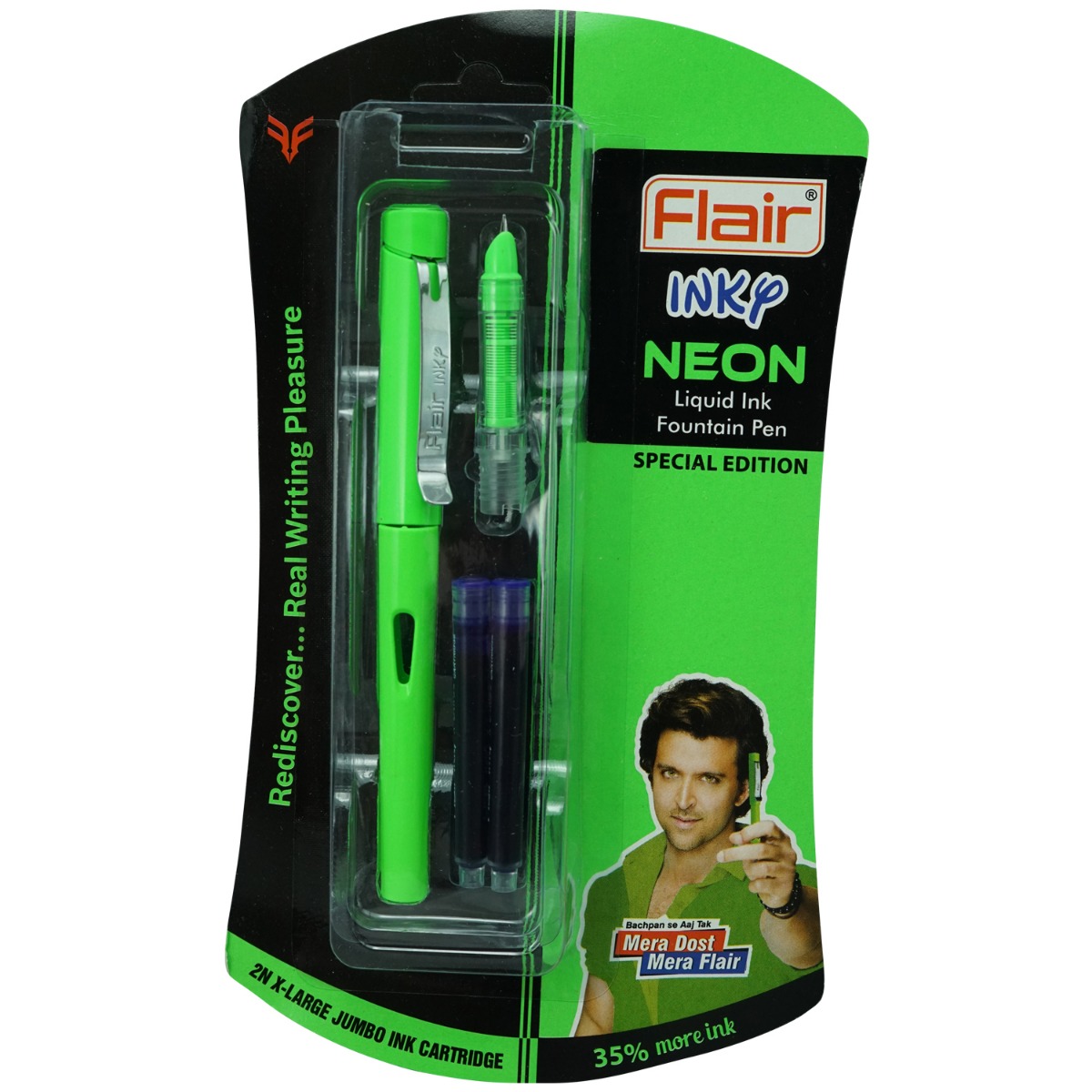 Flair Inky Neon Model:16174 Luminous Green Color Body  With 2 Catridge Fine Tip Fountain Pen
