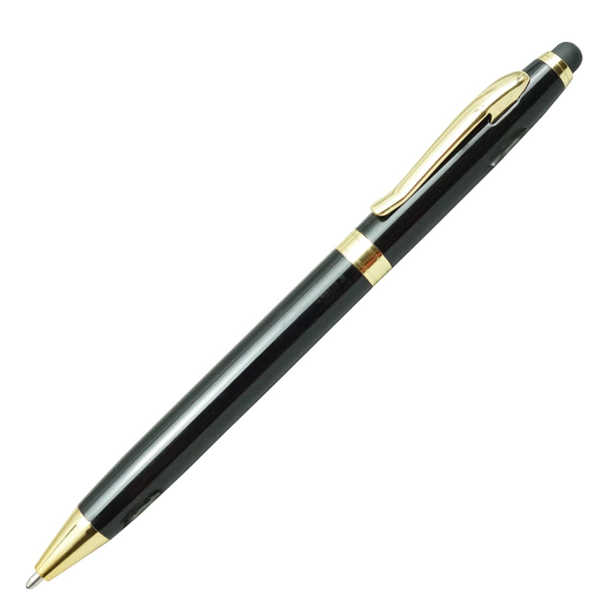 Penhouse Model :16222 Slim Type Glossy Black   Color Body With Gold Clip  and Stylus On Top Twist Type Medium Tip Ball  Pen