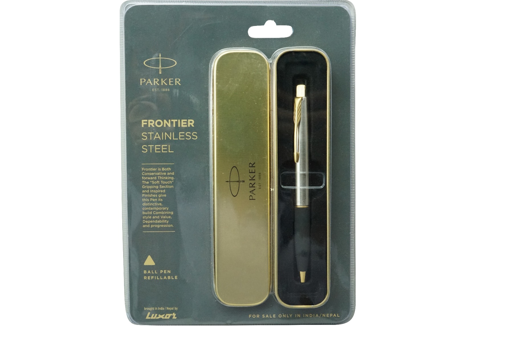 Parker  Frontier Model: 16274 Stainless Steel With Gold Clip Black Grip Ball Pen