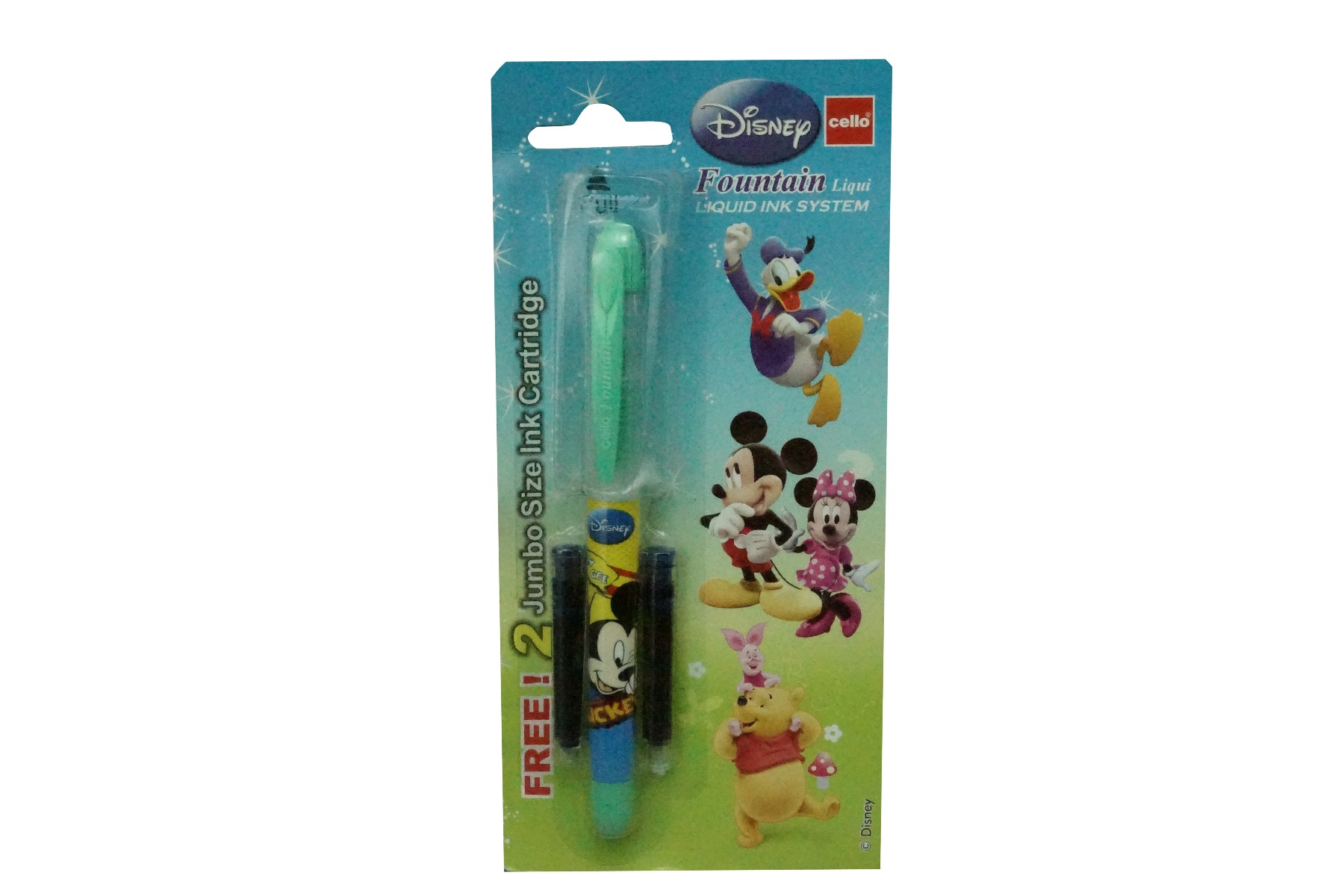 Cello Disney Model:16299 Light Green  Color Cap with  Mickey Image on Body With 2 Catridges Fountain Pen