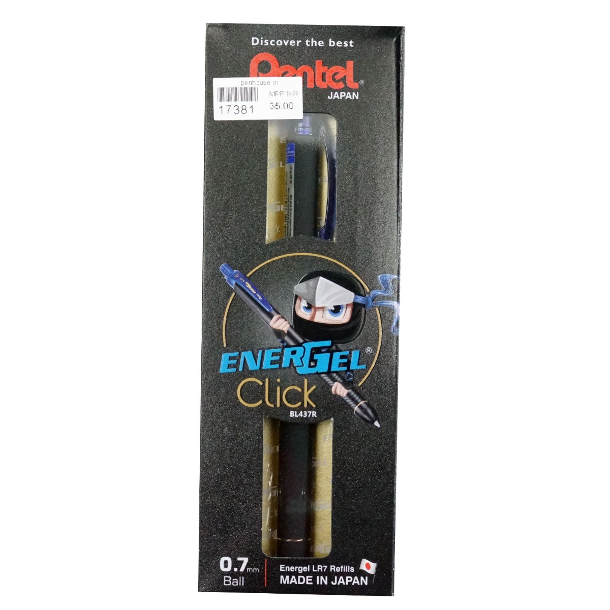 Pentel Energel  Click BL 437R  Model : 17381  Black Color body With Blue Color Clip  0.7mm clik Type  Roller Gel Pen 
