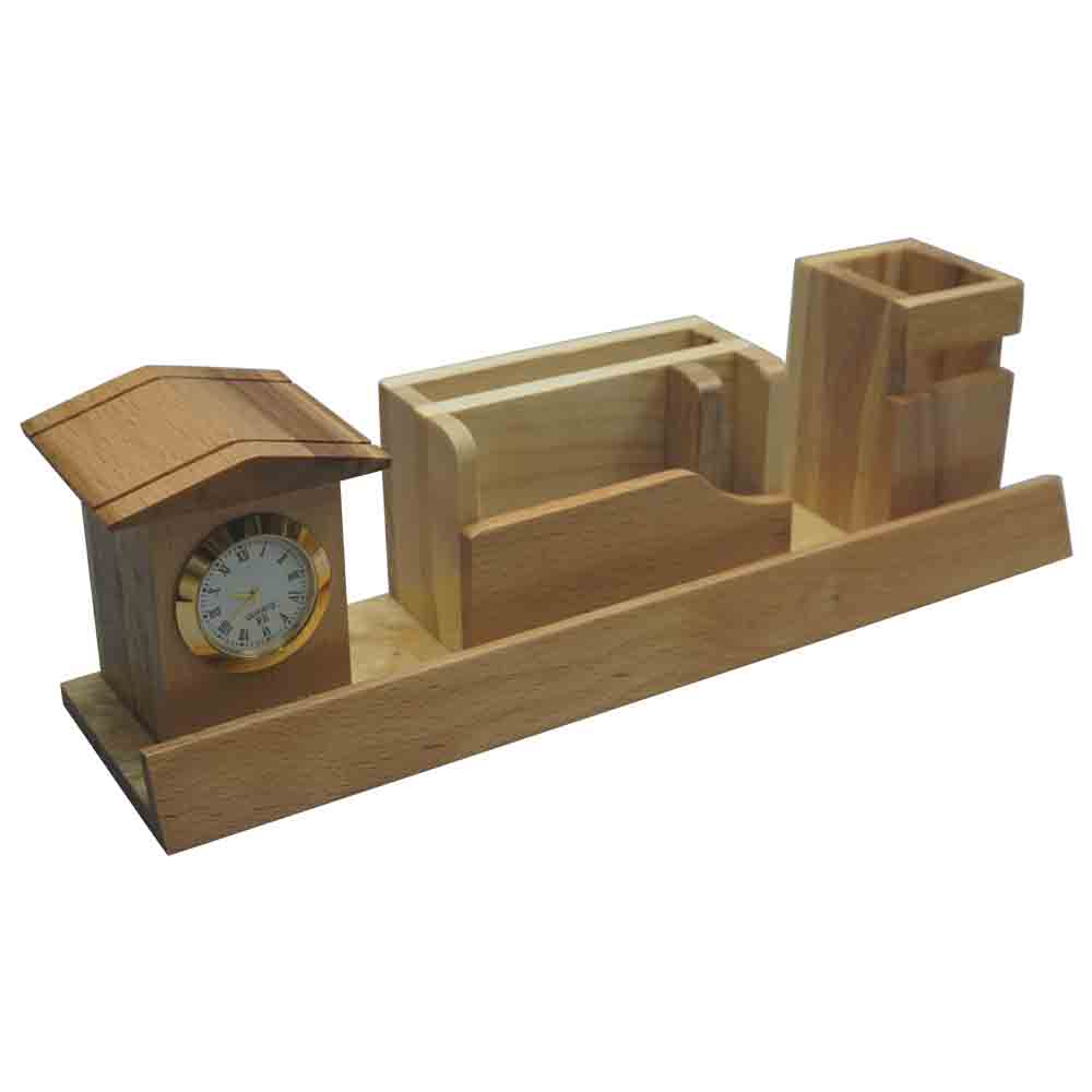 penhouse.in Customized Wooden Stand with Clock and Pen and Card Holder - Model 18364