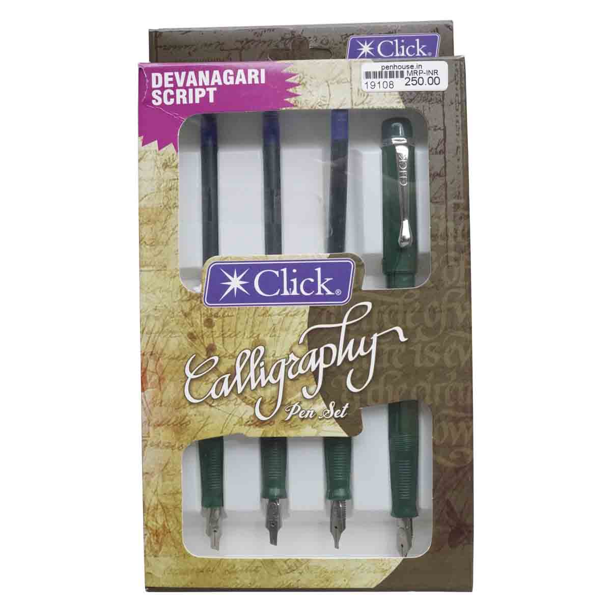 Click Devanagari Script Calligraphy Pen Set Green Color Body with 4