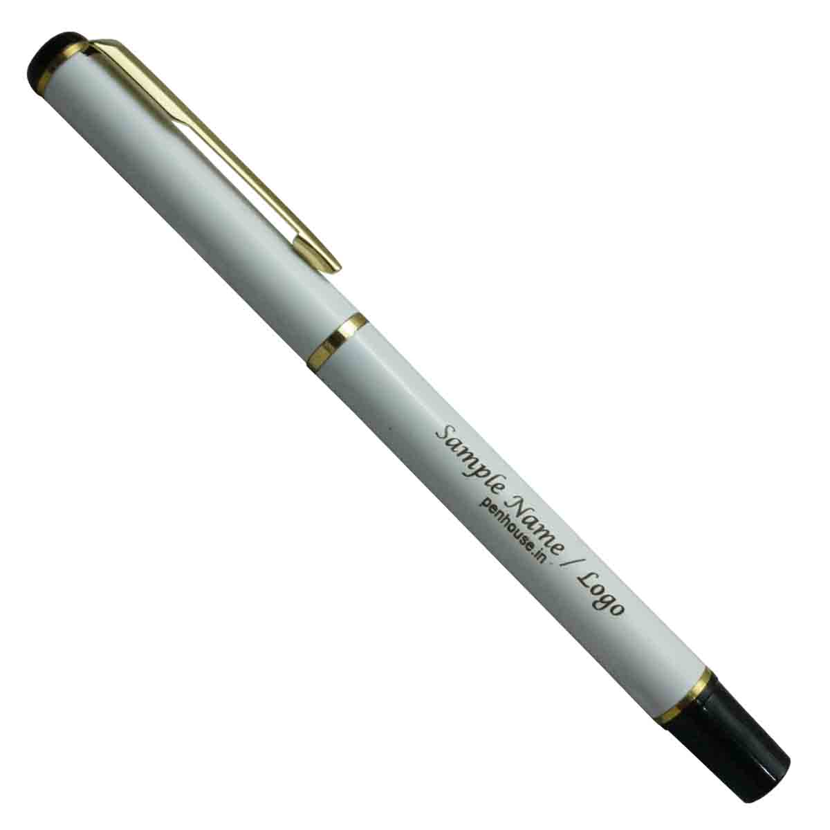 penhouse.in M9W White Color Body and Cap - Cap Type Roller Ball Pen with personalized name SKU 19476