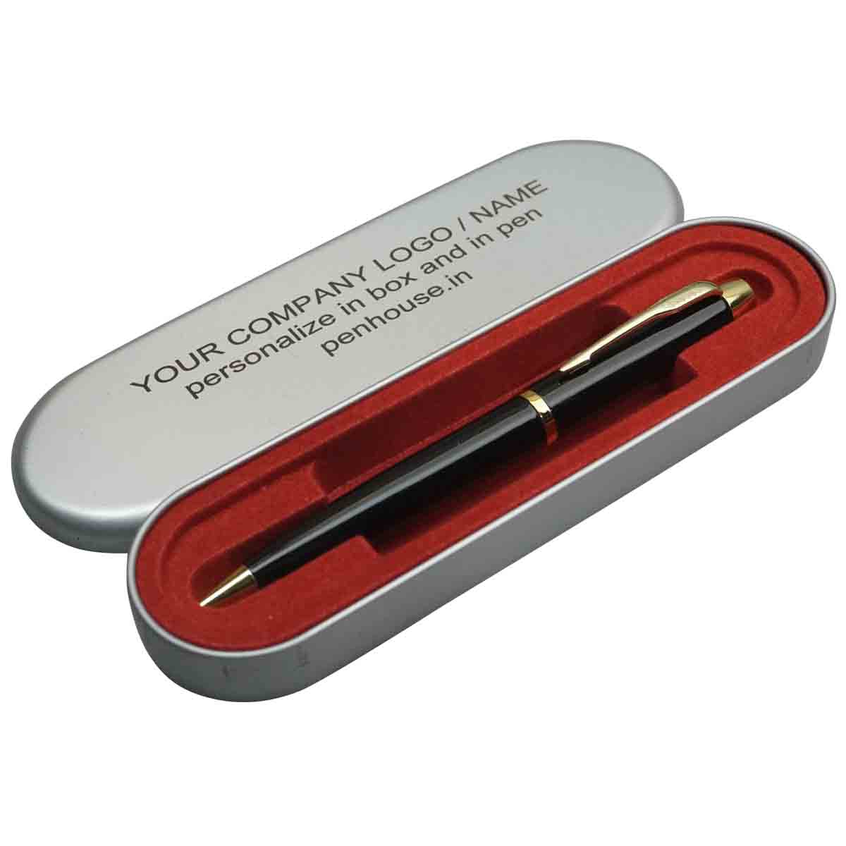 Penhouse.in  Glossy Black Color Body With Gold Clip   Twist Type Ball Pen With Personalised Gift Box  SKU 19536