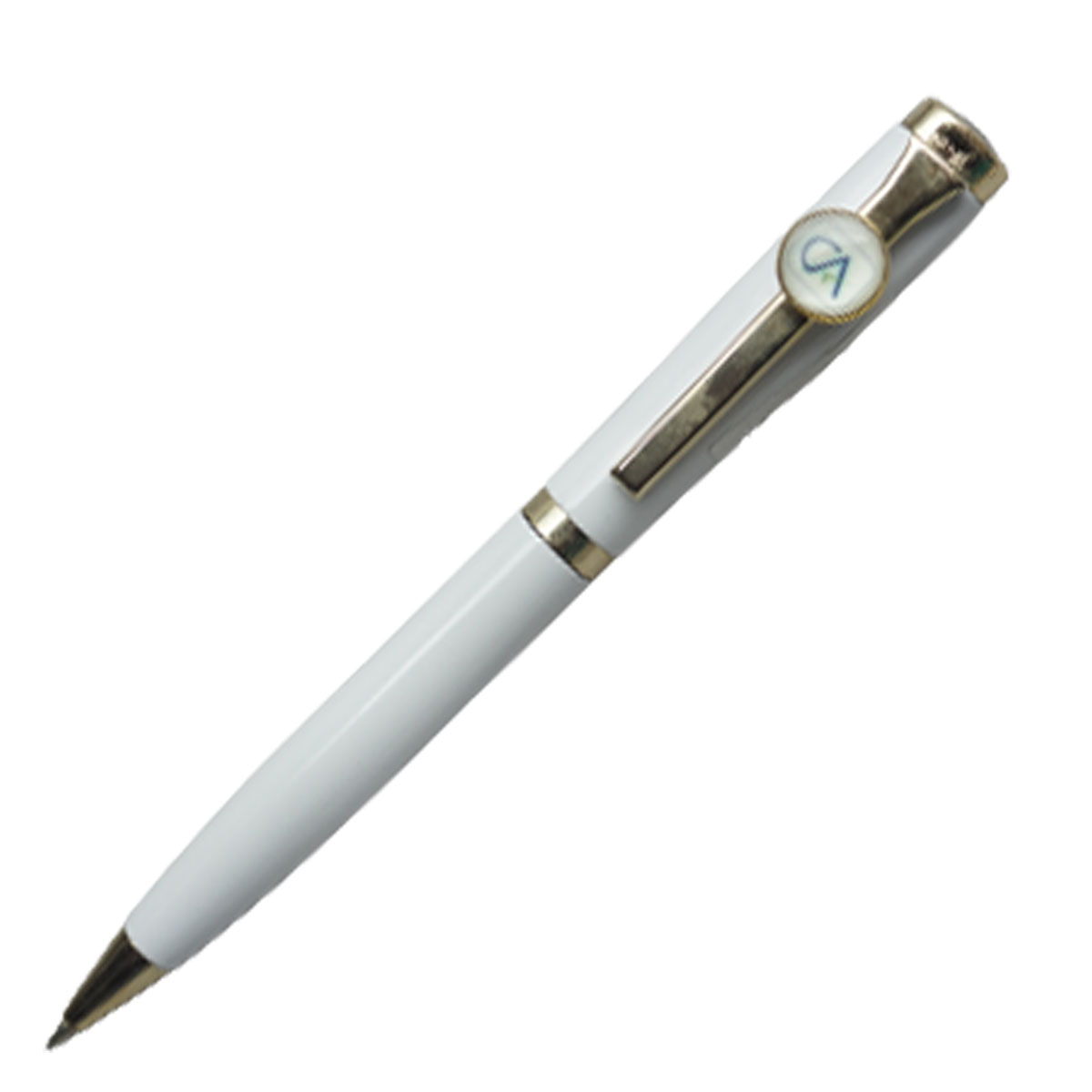 penhouse.in  White Color Body With Gold Trim And CA Symbol On Clip Twist Type Fine Tip Ball Pen SKU 19785