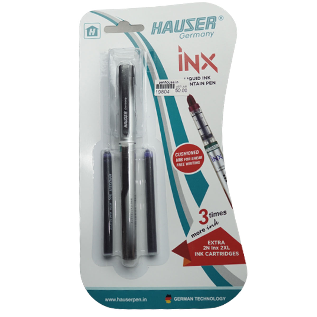 Hauser INX Black Color Clip With Grey Color Body Fine Nib  Fountain Pen With 2 Catridges SKU 19804