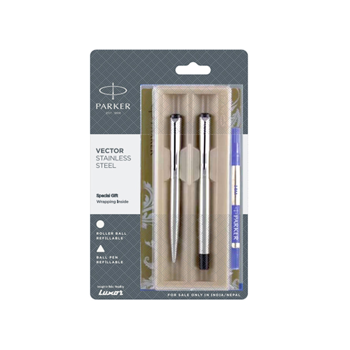 Parker Vector Stainless Steel Body Ultra Fine Roller Ball AndFine Tip Ball Pen With Silver Clip Set SKU 19934