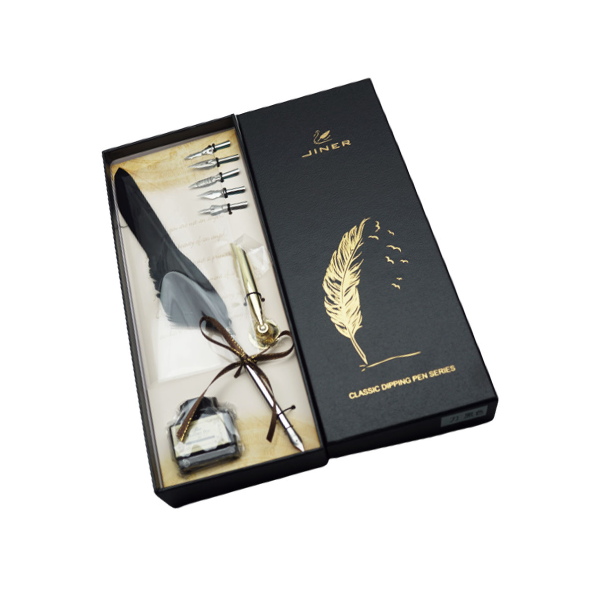 penhouse.in Silver Color Body with Pure Black Color Feather With Pen Holder 5 Nib  And Ink Bottle Set SKU 19950