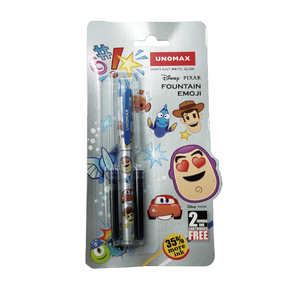 Unomax Disney Emoji Blue Color Multi Cartoon Designed Body  Fine Nib With 2 Catridge Fountain Pen SKU 20035