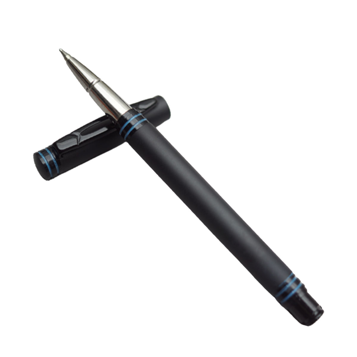 Picasso Parri Cooper Short Mat Black Color Body With Blue Lines Black Designed Clip Fine Tip Jotter Refill Cap Type Ball Pen SKU 20165