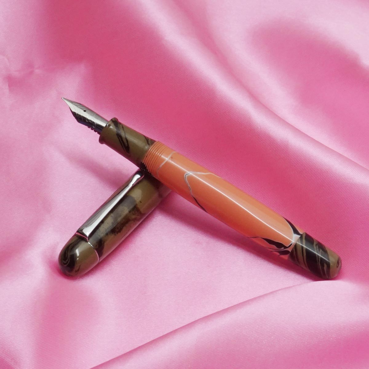Gama Varna Ebonite Brown Cap and Orange Acrylic Body Handmade Eyedropper Model Fountain Pen with  Fine Tipped No.35 SSF Nib SKU 20372