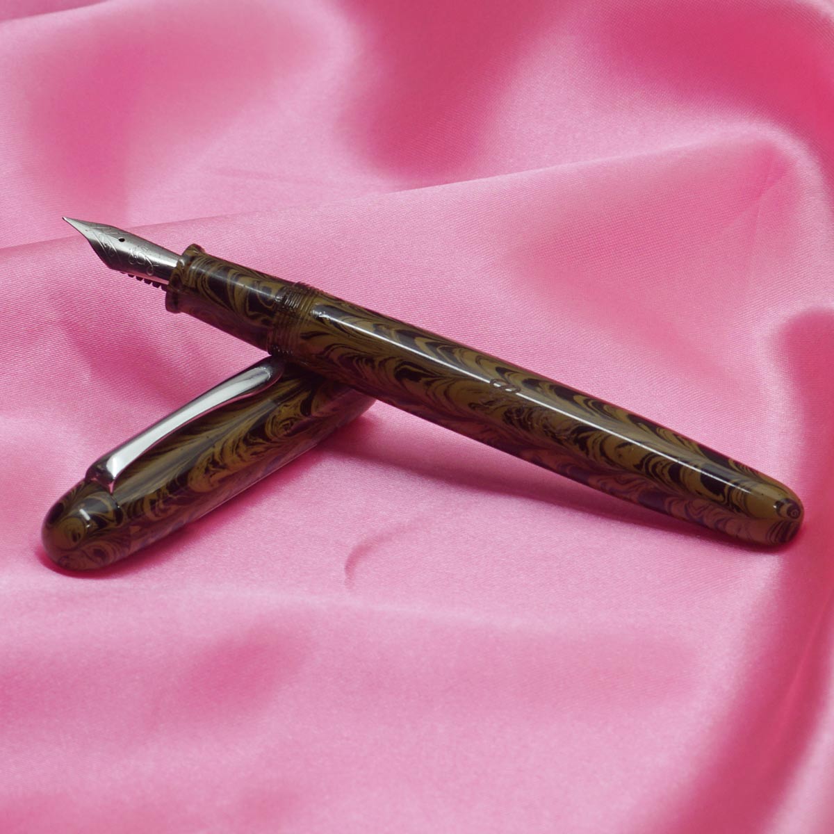 Gama Eyas Handmade Ebonite Dark Brown Marble pattern  color body and Cap Fountain Pen with Fine Tipped No.35 SSF Nib SKU 20439