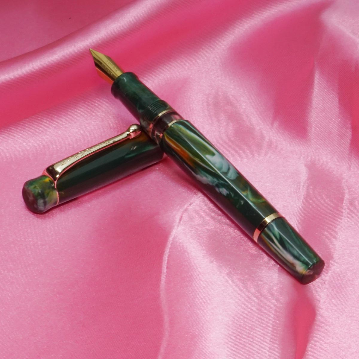 Kanwrite Heritage Marble Green Swirl Body and Cap Eyedropper Model Fountain Pen with Nib No.35 Medium Flex GP Nib SKU 20579